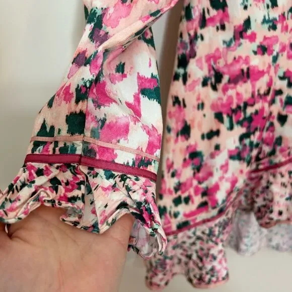 Rococo Sand Mimi Wrap Pink Dress Long Ruffle Puff Sleeve Size Medium - Picture 7 of 13